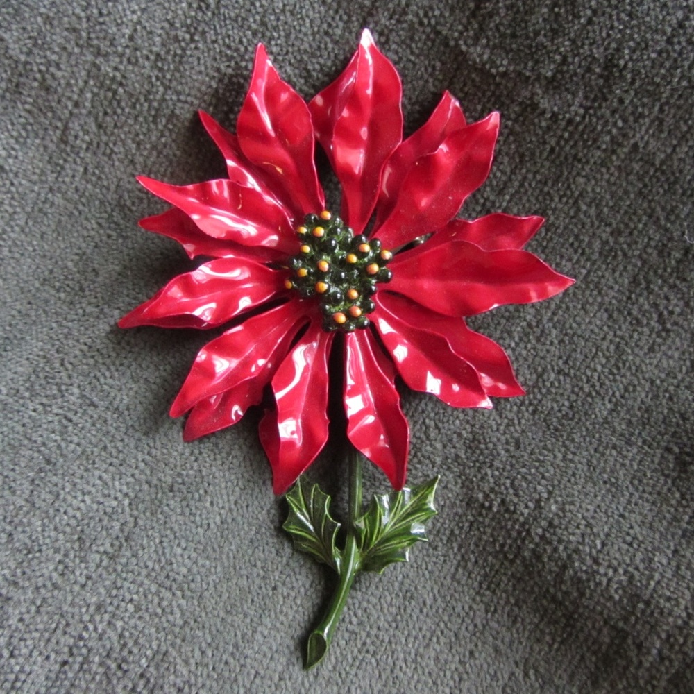 1960s LARGE 5" ENAMEL POINSETTIA CHRISTMAS BROOCH